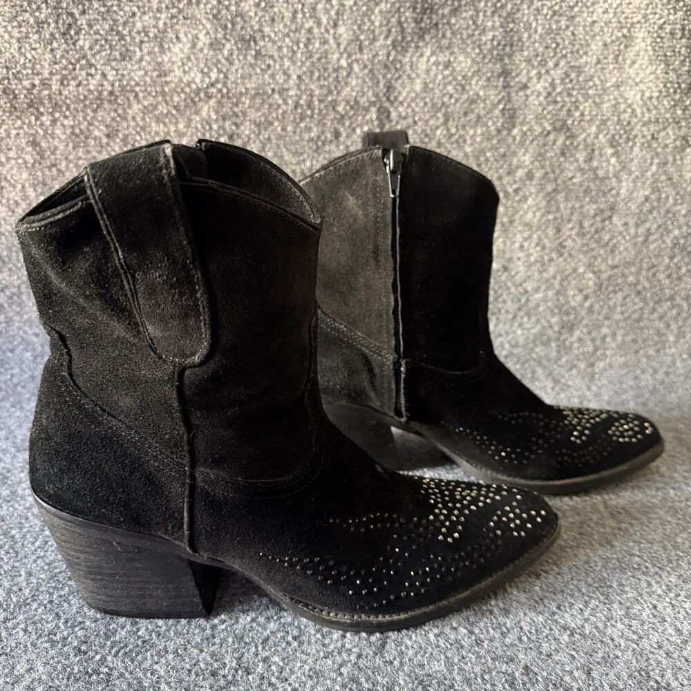 Reba Black Studded Leather Ankle Western Boots Almond Toe Pull On 9M
